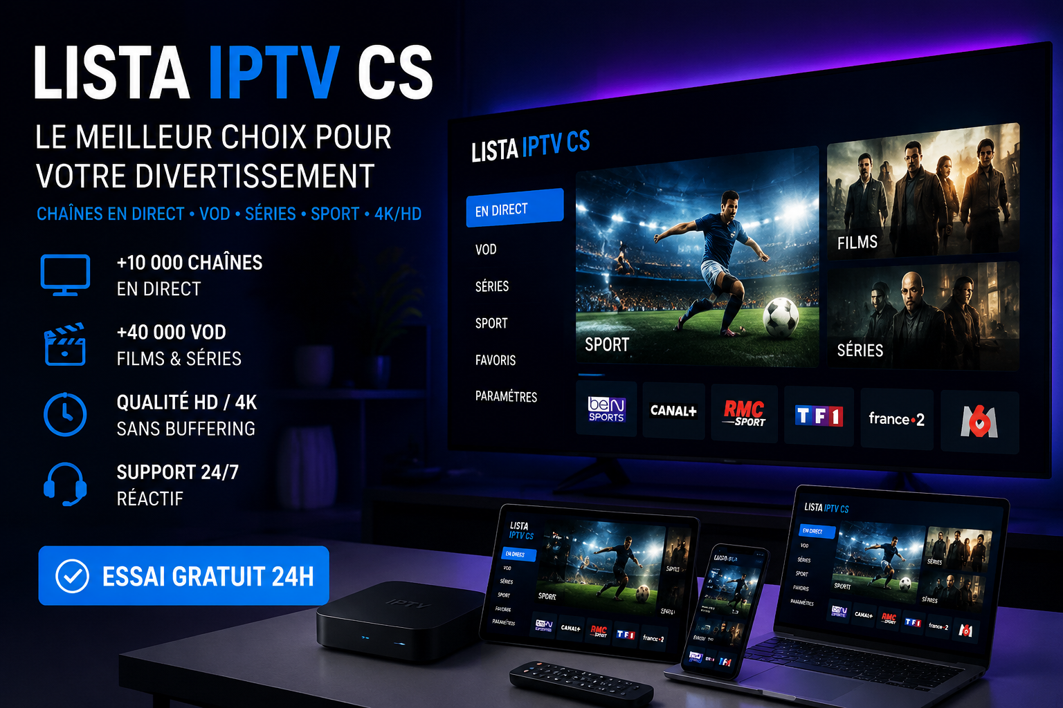 Lista IPTV CS: Canais Premium HD e VOD ilimitado com teste gratuito Interface da Lista IPTV CS mostrando canais premium em HD e opções de VOD